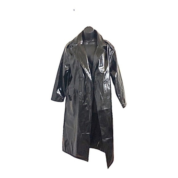 Black patent glossy oversized‎ double breasted maxi trench coat size small new - Picture 1 of 16